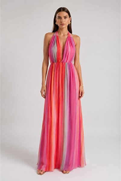 MODA Renk Geçişli Halter Yaka Maxi Elbise
