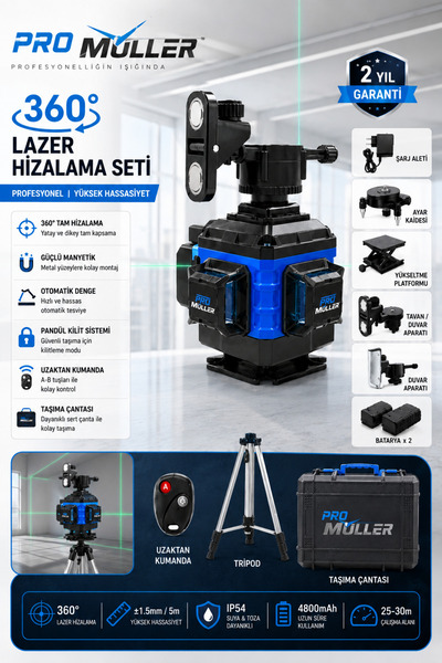 Pro Müller Alman Profesyonel Otomatik Hizalama 16 Köşe 360° Yeşil Lazer Çizgi...