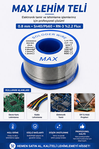 RoboPazar MAX 100 gr Lehim Teli 0.8 mm, Sn40/Pb60, RN-3 %2.2 Flux