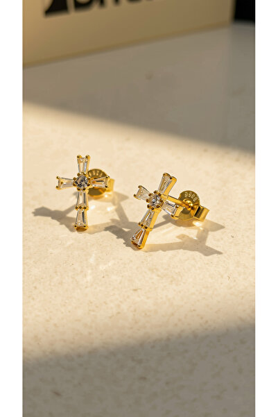 Ari Jewelry 925 Ayar Gümüş 14k Altın Kaplama Baget Taşlı Haç Küpe