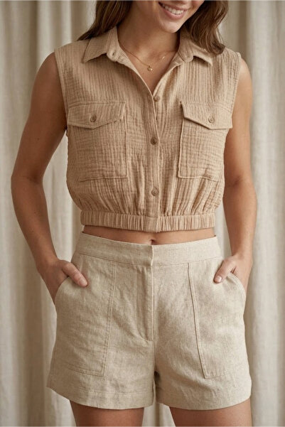 clavia Muslin Crop Shirt Sleeveless Pocketed Buttoned Collared Summer Casual ...