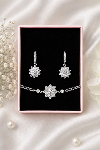 Silvanya Jewelry 925 Ayar Gümüş Lotus Çiçeği Küpe & Bileklik Takı Seti