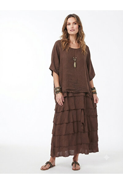 Cb Made In Italy Fortuna Moda %100 İtalyan Keten Kat Kat Detaylı Oversize Elbise