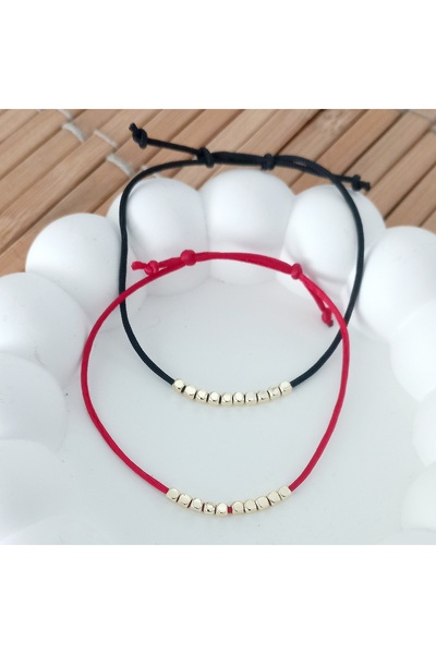 BNG AKSESUAR Adjustable Red & Black Double String Bracelet with Gold Cube Detail |   Minimal Handmade Unisex Bracelet