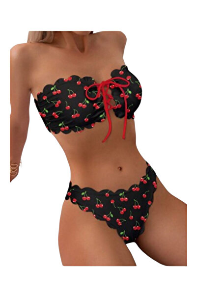OEM Costum de baie, din doua piese, negru cu cirese, S