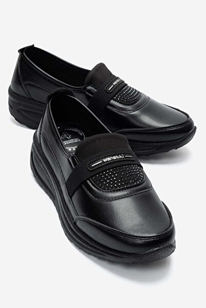 CCWAY AYAKKABI Stoned and Elastic Women's Casual Shoes Black Leather