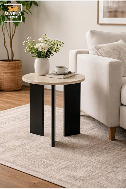 MARIA HOMES Modern Round Side Table with Wooden Top & Wooden Base, Contempora...