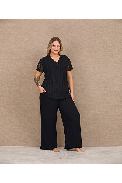 MOPİ Black Relax Ribbed Lace Women's Pajama Set - Standard and Plus Size