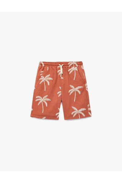 Koton Palm Tree Embroidery Detailed Cotton Shorts with Elastic Waistband