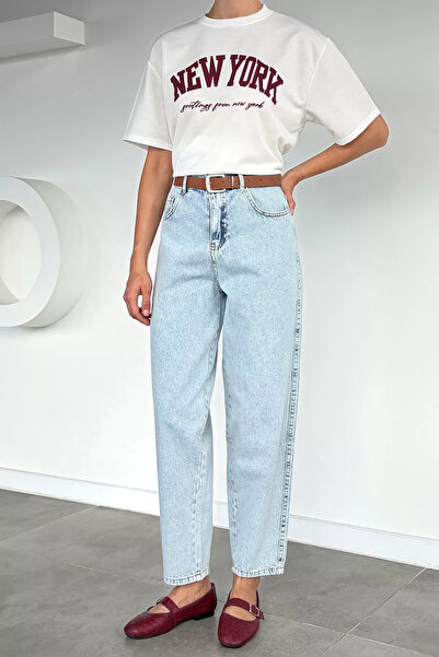 Aryena Ice Blue Women's High Waist Jeans with Belt Accessory