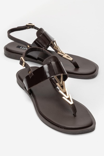 Lizy Shoes Genuine Leather Women's Flip-Flop Sandals with Metal Accessories