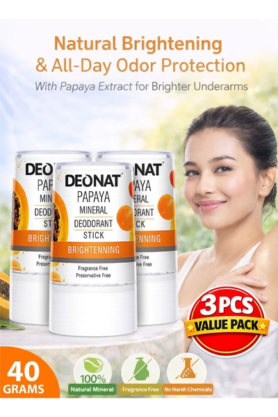 DEONAT Pack of 3 Papaya Mineral Deodorant Stick 40 g Brightening Natural Crys...