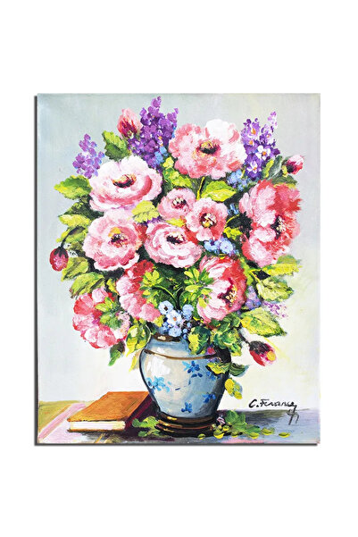 artnova Ръчно рисувана картина: ваза с хризантеми и книга, 50x40 см, маслена ...