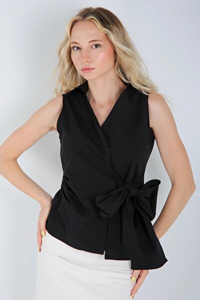 Veni Life Women's Double-Breasted Collar Sleeveless Shirt with Bow Tie at the...