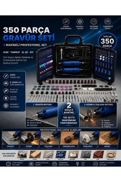 OPTIVEX 350 Parça 2 Makineli Profesyonel 3500 Rpm Gravür Seti Kesme Taşlama Z...