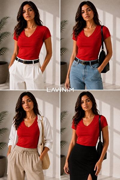 LAVİNİM Kadın V Yaka Ultra Soft Pamuk V Body Slim Tişört