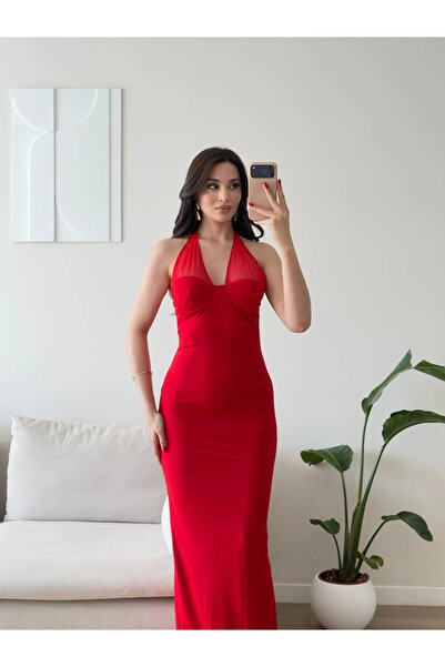 Zoom Butik Boyun Bağlamalı Gloplu Elbise - KIRMIZI