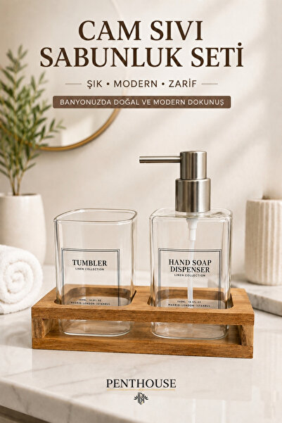 Penthouse Sara Glass Liquid Soap Dispenser Set with Wooden Stand Bathroom Org...