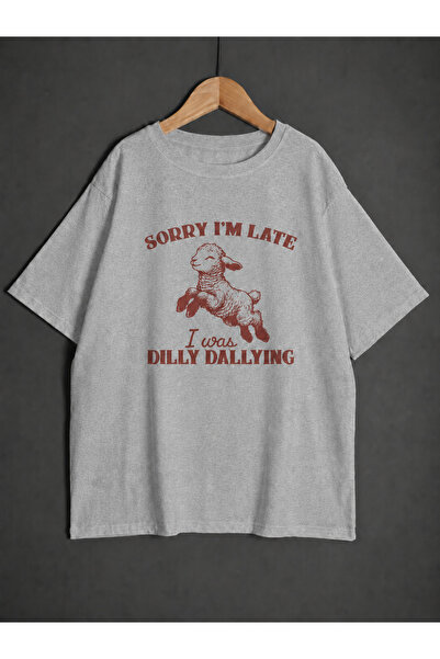 ZİYMO Women's Sorry I'M Late Lamb Printed Oversized T-Shirt