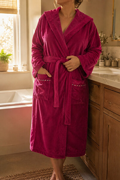 DC Teks Pink Velvet Hooded Bathrobe |   Soft Textured Unisex Bathrobe