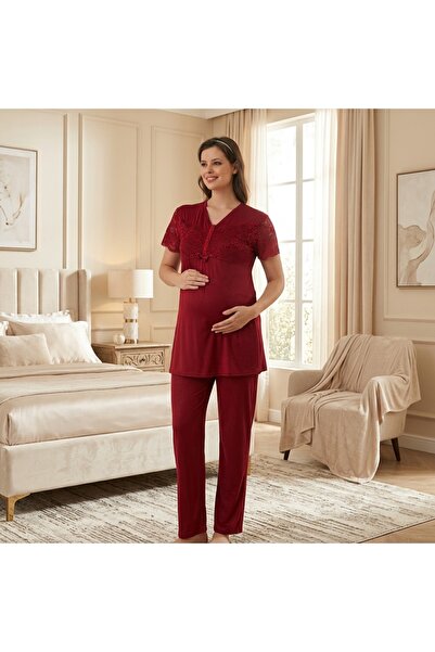 Dantel Detaylı Lohusa Pijama Takımı Önden Düğmeli Rahat Ev Giyim
