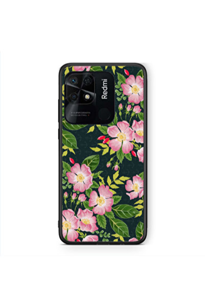 Other Xiaomi Redmi 10C Pink flowers green laves Black Glossy Θήκη