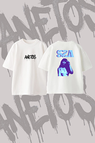 Anetos Sza Portrait Design Printed Oversize Crew Neck T-Shirt White