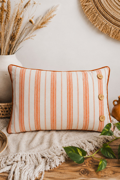 Elegancembroidery 30x50 Turuncu Çizgili Keten Kırlent – Ahşap Düğme Detaylı, ...