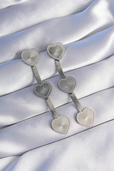 ARMÜZ 316L Steel Silver Color Long Italian Chain Detail Heart Earrings
