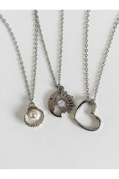 bijoux uniques Gift Sea Shell&Moon Sun&Heart 3-Piece Steel Necklace