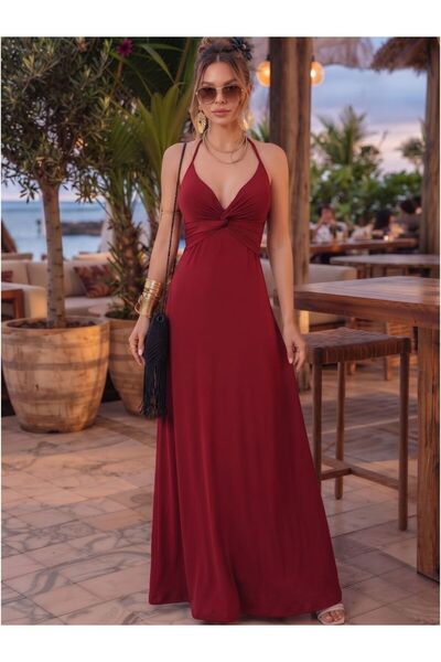 Flubutik Red Micro Long Dress with Twisted Rope Straps on the Front