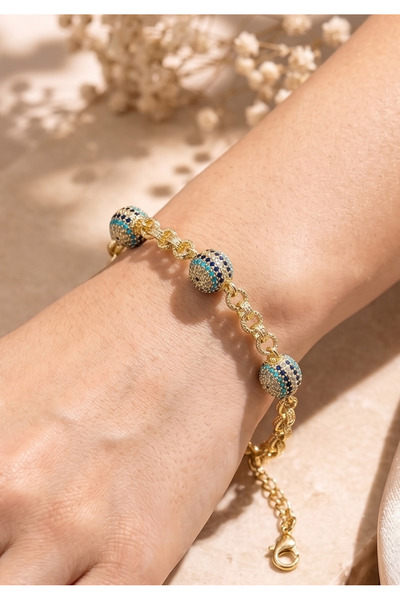 Merand Women's Gold Color Turquoise Stone Sphere Detailed Chain Bracelet Mrd-2220000000215