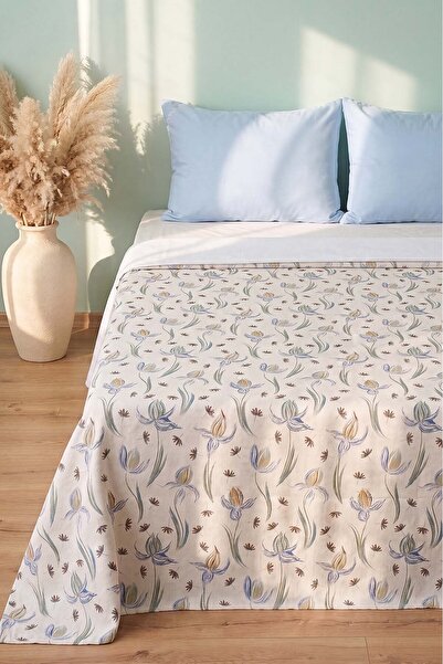 Rivaİstanbul Blue Freesia Patterned Double Printed Pique & Bedspread 200X230 cm