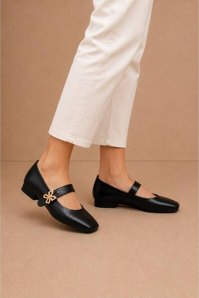 KS KADİR SARAÇ Women's Mary Jane Buckle-Strap Square Toe Daily Flat Shoes