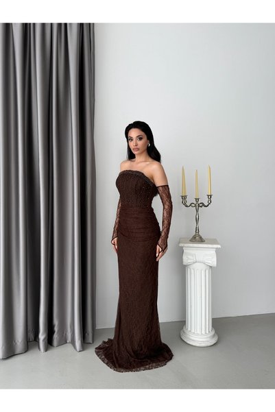 Serica Moda Brown Strapless Stone Embellished Underwire Lace Evening Dress with Gloves