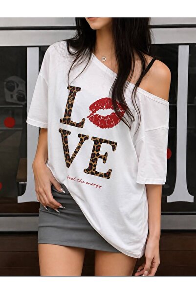 Elvino Leopard Love Printed White Women's Off-Shoulder Boat Neck Oversize T-S...