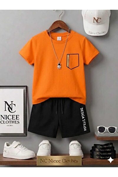 NC Nicee Clothes تي شيرت صيفي للأطفال شورت يونيسكس (جيب صغير مطبوع على اليسار)