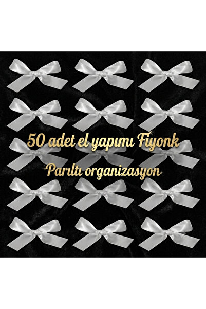 parıltı organizasyon Beyaz Renk Saten Hazır Fiyonk10mm- 50 Adet Kurdele El ya...