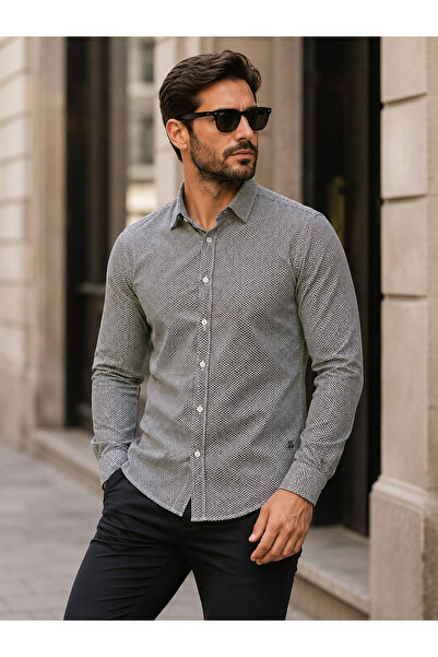 Chordi Men's Regular Fit Regular Collar Long Sleeve Dotted Cotton Shirt