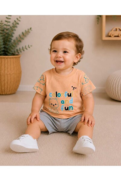 krm kerem bebe Colorful Fun Teddy Bear and Kitten Printed Baby Cotton Top and...