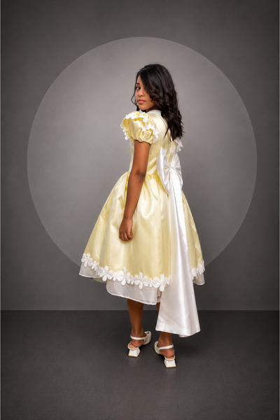 JO FASHION Girls' Dress Light Yellow Satin Fabric Embroidered Flower Girl Dress