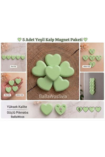 BaBaWoSs 5'li Kalpli Magnet Seti – YEŞİL Fotoğraf ve Not Tutucu, Buzdolabı Sü...