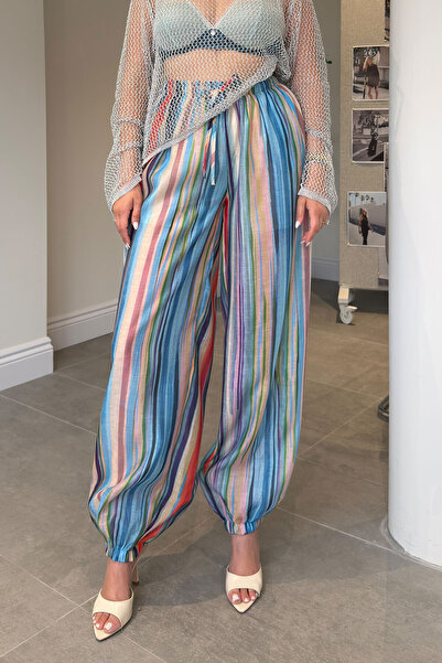 MAGARDE Elastic Waist Striped Pants - Blue