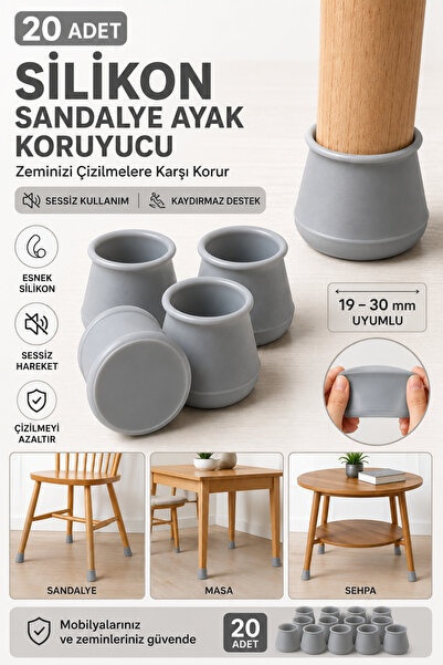 Hane Dostu 20 Adet Silikon Sandalye Ayak Koruyucu Kaydırmaz Mobilya Ayağı Kıl...