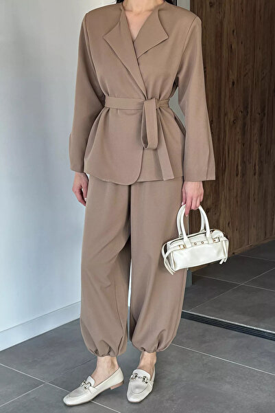 Aryena Mink Shawl Collar Lined Jacket and Shalwar Trousers Two-Piece Set