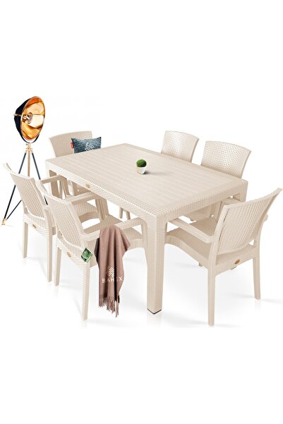NOBLE DESİNG Rattan Masa Takımı 80 x 140 Camsız Masa 6 Kişilik Sandalye Seti ...