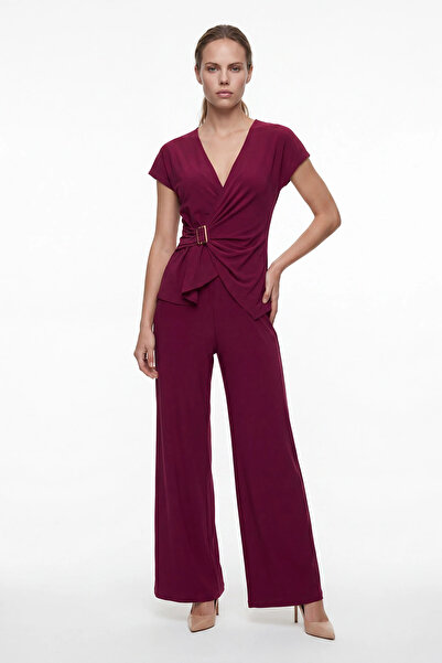 cemo Women's Buckled Double-Breasted Blouse and Wide-Leg Pants Two-Piece Set