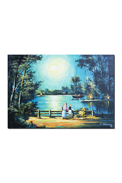 artnova Tablou peisaj pictat manual, Rasarit de soare, 70x50cm ulei pe panza,...
