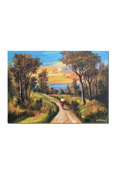 artnova Tablou peisaj din natura pictat manual in ulei pe panza, Apus de soar...