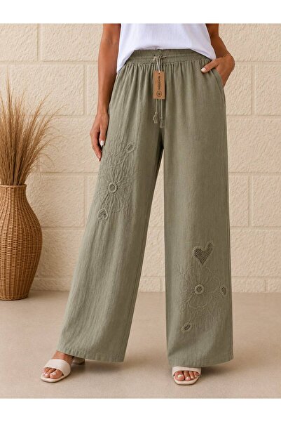AGORATEKSTİL Women's Elastic Waist Cotton Linen Fabric Embossed Mesh Detailed...